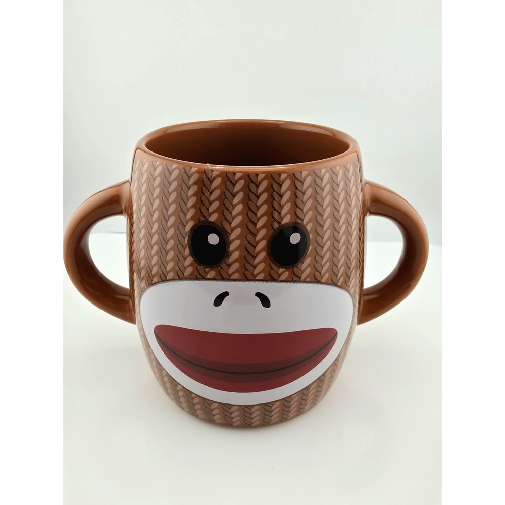 Galerie Sock Monkey 16 Oz Mug Double Handle Brown Ceramic Coffee Cup
